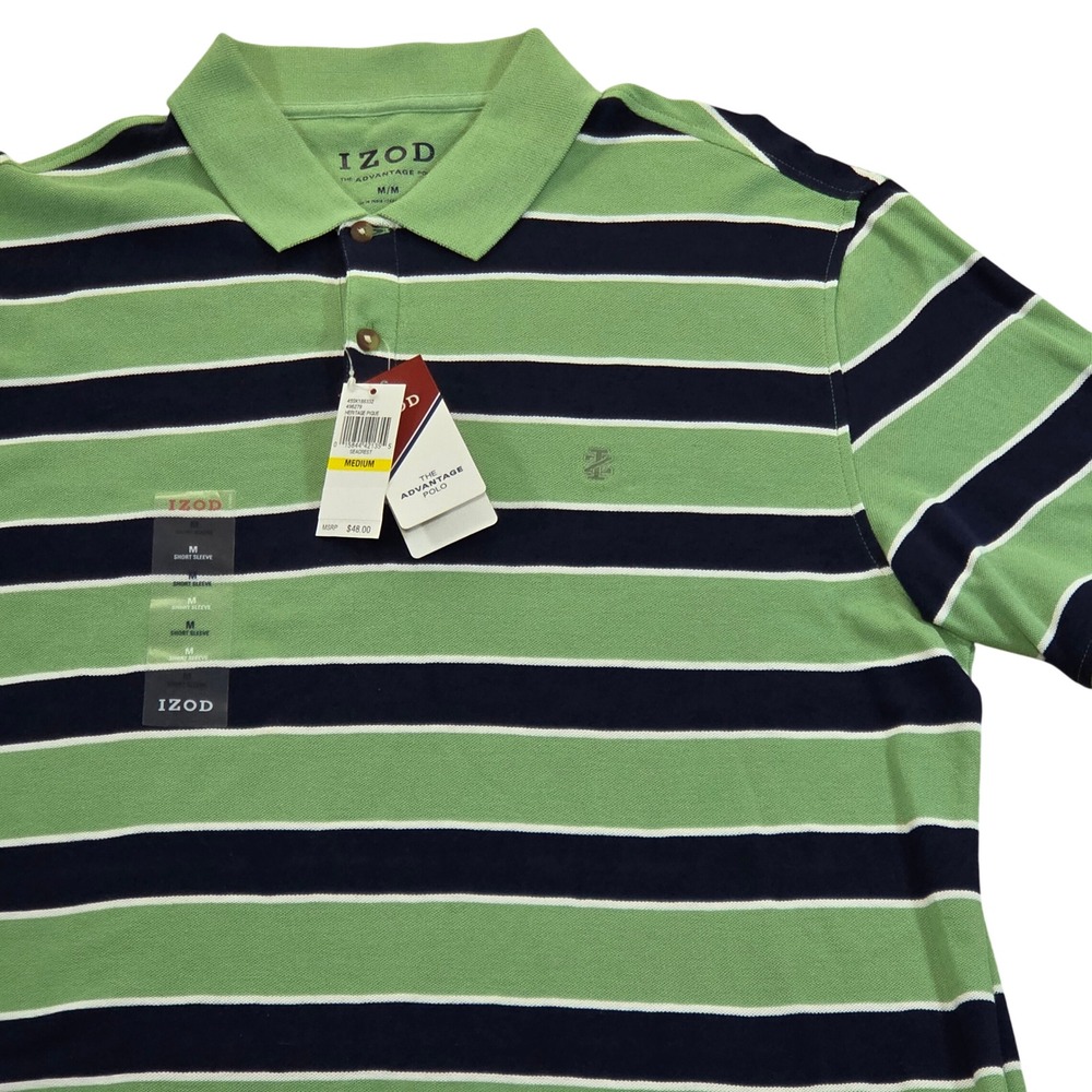NWT IZOD Advantage Polo Shirt Mens M Green Blue Striped Short Sleeve Casual